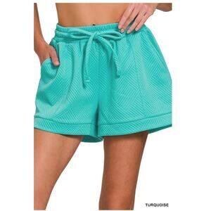 Zenana - Textured Knit Jacquard Drawstring Shorts (Turquoise) - Large